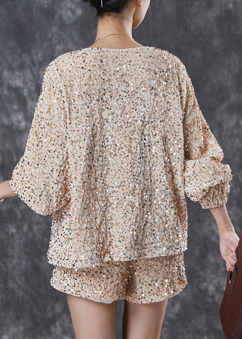 Handmade Khaki O-neck Sequins Silk Velour Two-piece Set Spring