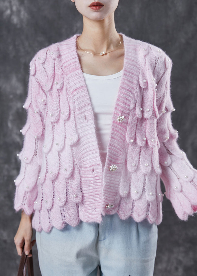 Boutique Pink V Neck Nail Bead Knit Cardigan Spring