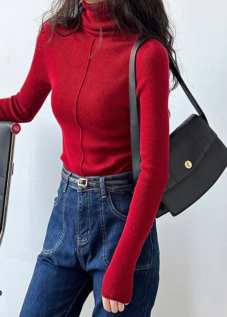 Red Turtleneck Cotton Knit Sweaters Fall