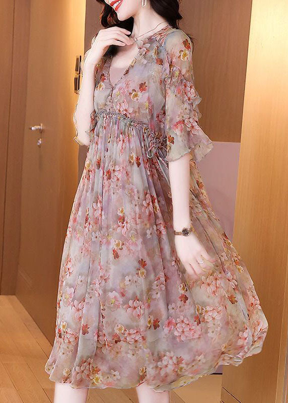 Pink Ruffled Print Chiffon Beach Dress Summer