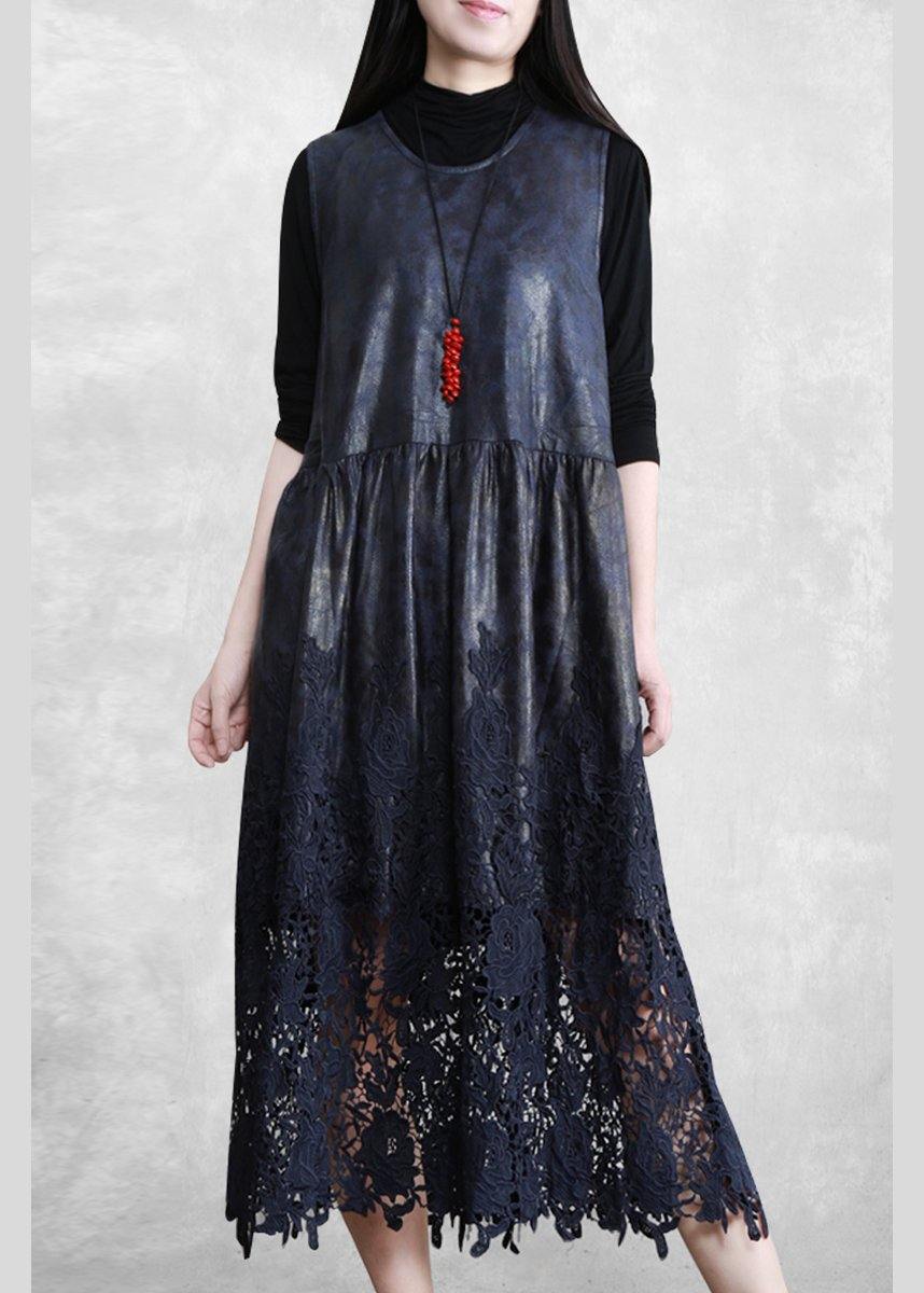100% Hollow Out Patchwork Dresses Lnspiration Dark Blue Maxi Dress Fall