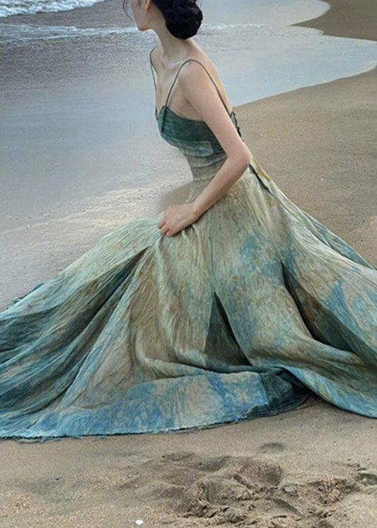 Blue Slash Neck Tie Dye Spaghetti Strap Maxi Dress Sleeveless