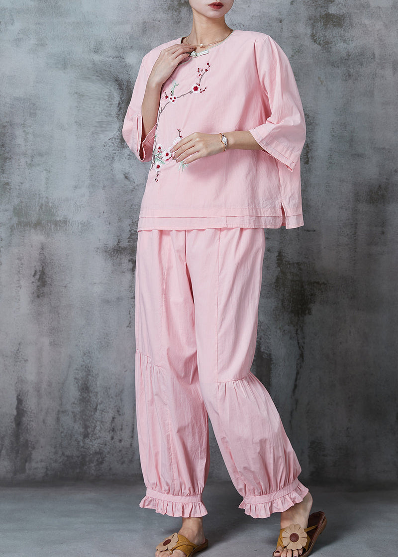 Pink Embroidered Oriental Cotton Two Piece Suit Set Summer
