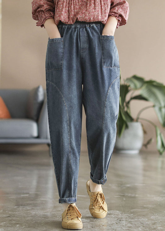 Style Blue Elastic Waist Pockets Cotton Denim Harem Pants Spring