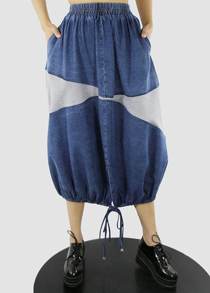 Blue White Elastic Waist Drawstring Patchwork Denim Skirt Spring