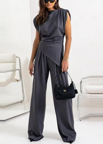 Charcoal Grey Cotton Two Piece Set Clothing Asymmetrical Sleeveless