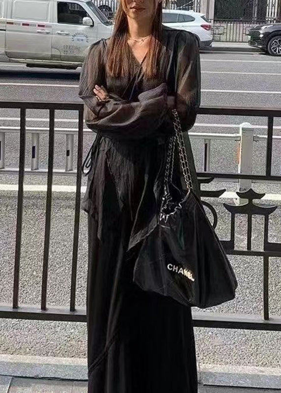 Loose Beige V Neck Silk Shirts and Spaghetti Strap Dress Two Piece Set Long Sleeve