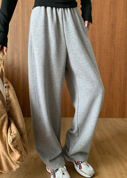Grey Pockets Elastic Waist Cotton Pants Fall