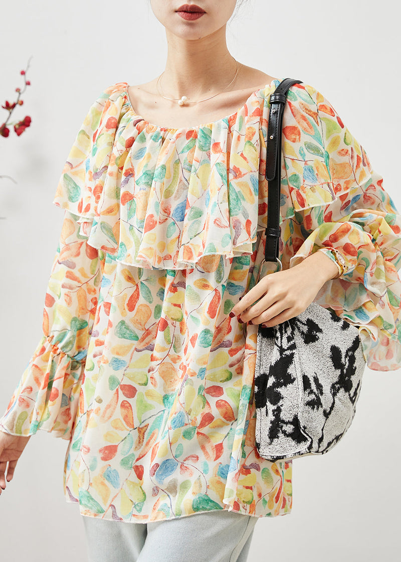 Apricot Slash Neck Print Chiffon Blouses Spring