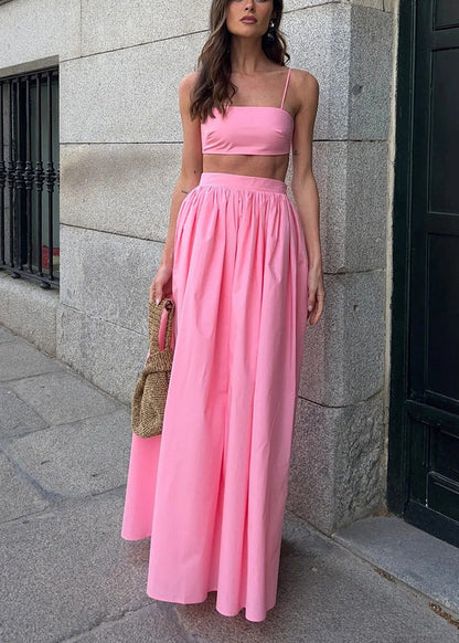 Fitted Pink Silm Fit Cotton Strapless Tops and Skirts Sets 2 Pieces Summer