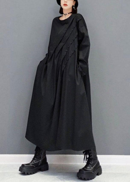 Black O-neck Pockets Robe Dresses Fall Long Sleeve