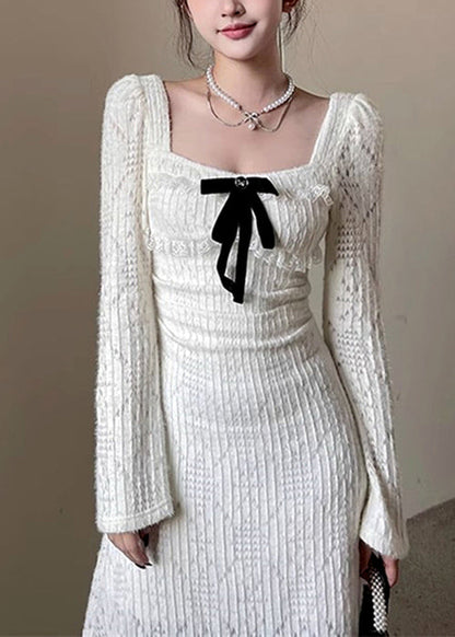 White Square Collar Hollow Out Cotton Long Dresses Spring