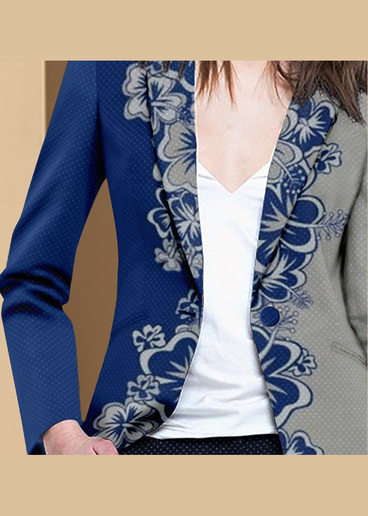 Style Blue Grey Button Peter Pan Collar Print Western-style Clothes Coat Long Sleeve