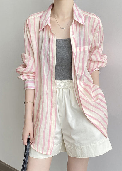 Pink Peter Pan Collar Striped Linen Shirt Tops Fall