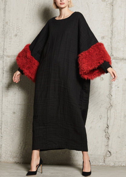 Modern Black O Neck Fuzzy Fur Patchwork Cotton Dress Fall