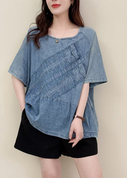 Fitted Blue U Neck Patchwork Denim Tank Summer