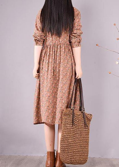 French Brown Print Dresses Lapel Drawstring Maxi Spring Dress