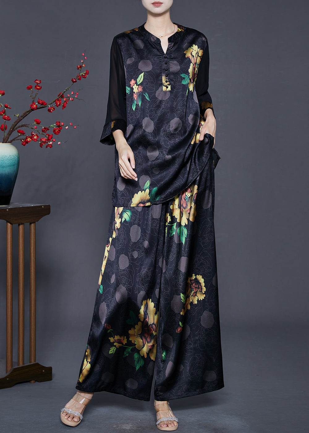 Black Oversized Print Draping Silk Two Pieces Set