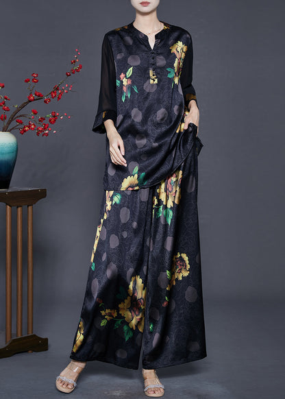 Black Oversized Print Draping Silk Two Pieces Set