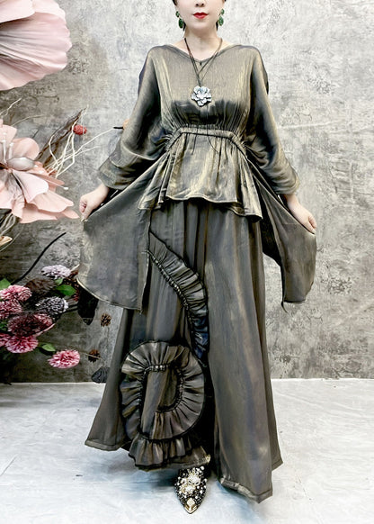 Asymmetrical Tops and Wide Leg Pants Silk Two Piece Suit Set Batwing Sleeve