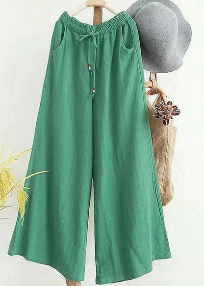 Light Green Pockets Patchwork Drawstring Cotton Pants Spring