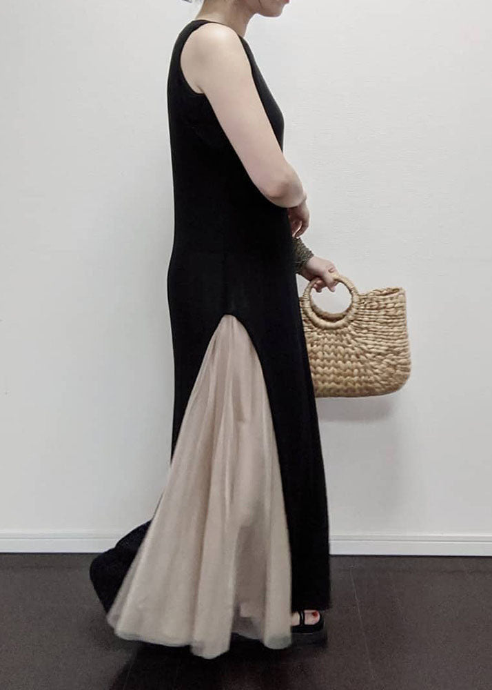 Black O Neck Patchwork Tulle Long Dress Sleeveless