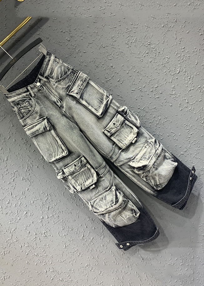 Gradient Color Grey Pockets Patchwork Straight Jeans Spring