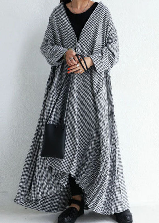 Plaid V Neck Wrinkled Patchwork Cotton Loose Cardigans Spring