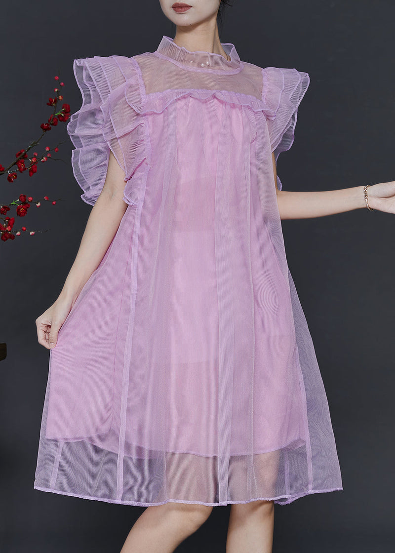Pink Oversized Tulle Vacation Dress Butterfly Sleeve