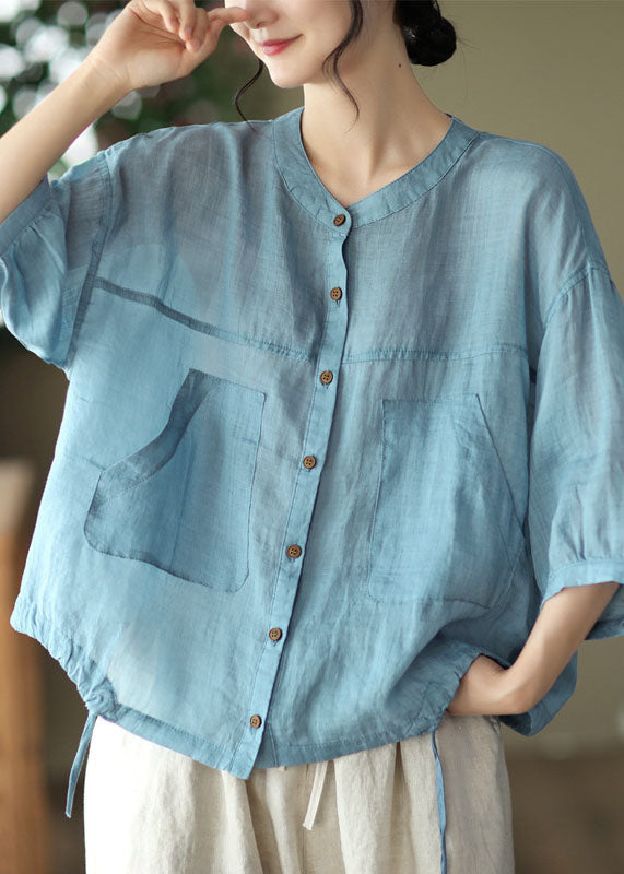 Light Blue Pockets Linen Shirt Tops Color Drawstring Bracelet Sleeve