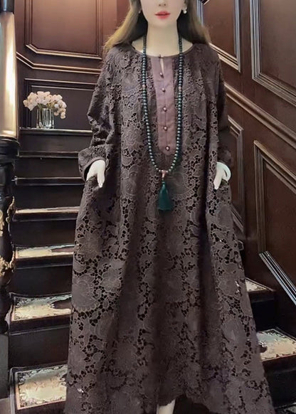 Coffee O-neck Hollow Out Lace Maxi Dress Long Sleeve