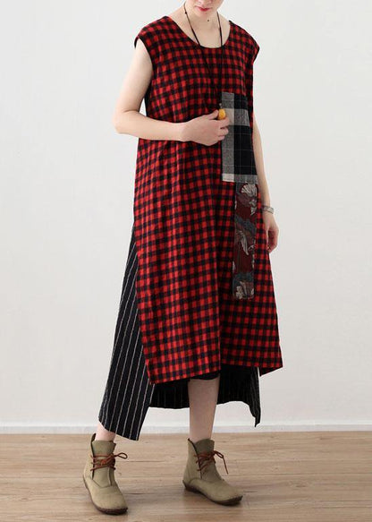 Art Red Plaid Cotton Linen Asymmetrical Design Patchwork Party Dresses