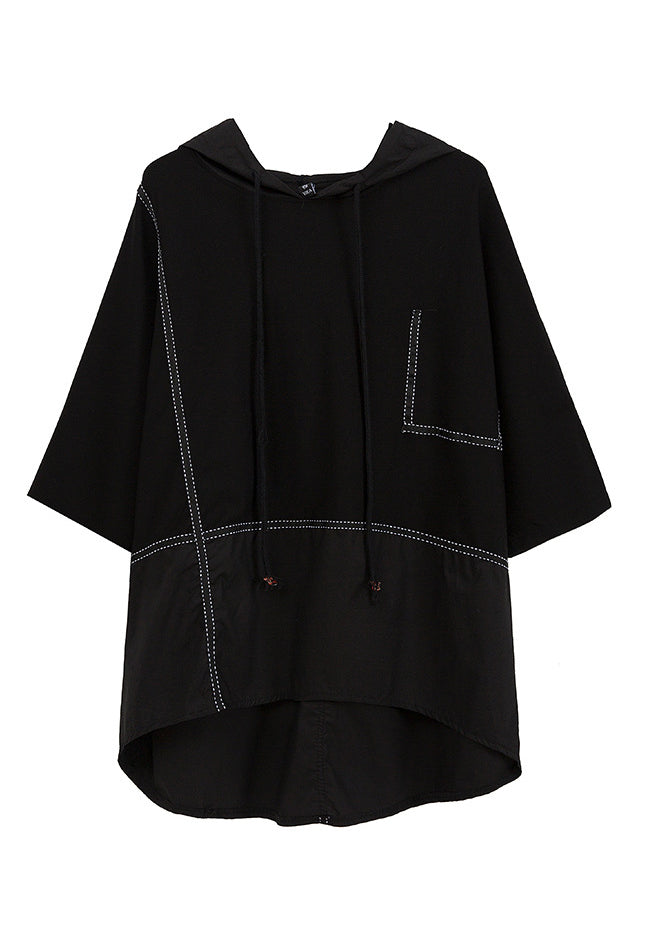 Classy Black O-neck Patchwork Drawstring Hooded Coats Half Sleeve