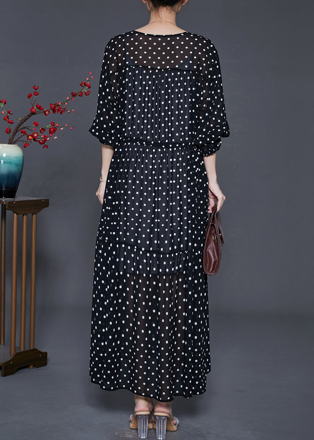 Black Print Chiffon Dresses Drawstring Exra Large Hem Summer