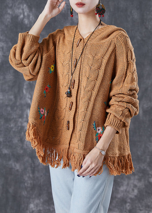 Khaki Embroideried Tasseled Knit Jackets Fall
