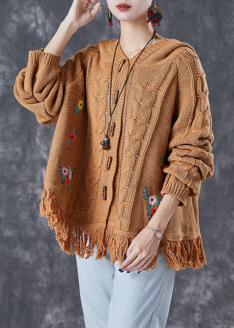 Khaki Embroideried Tasseled Knit Jackets Fall