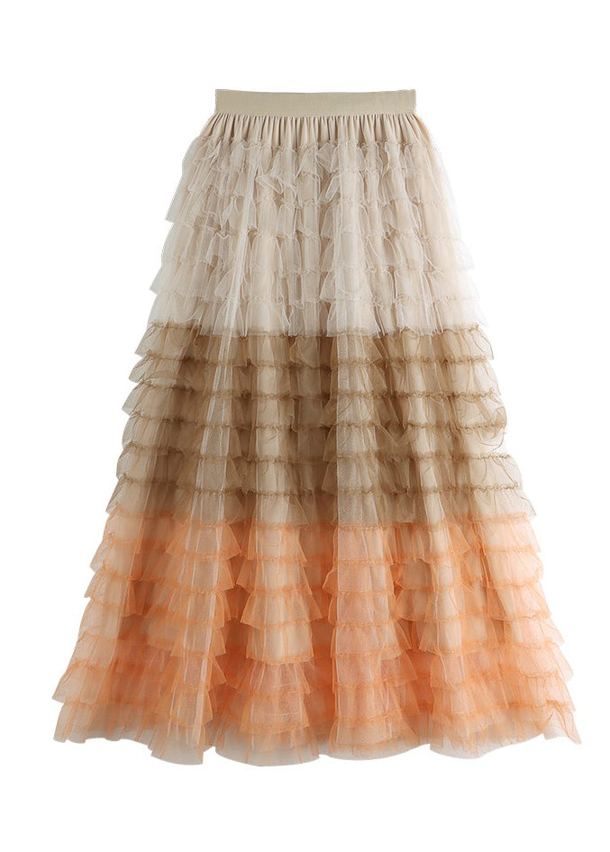 Blue High Waist Patchwork Tulle a Line Skirts Summer