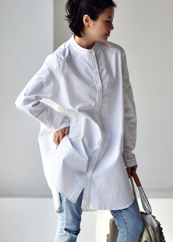 White O-neck Low High Design Button Cotton Shirt Long Sleeve