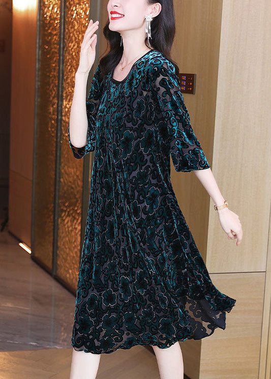 Green O-neck Oversized Print Silk Velour Party Dress Half Sleeve Spring