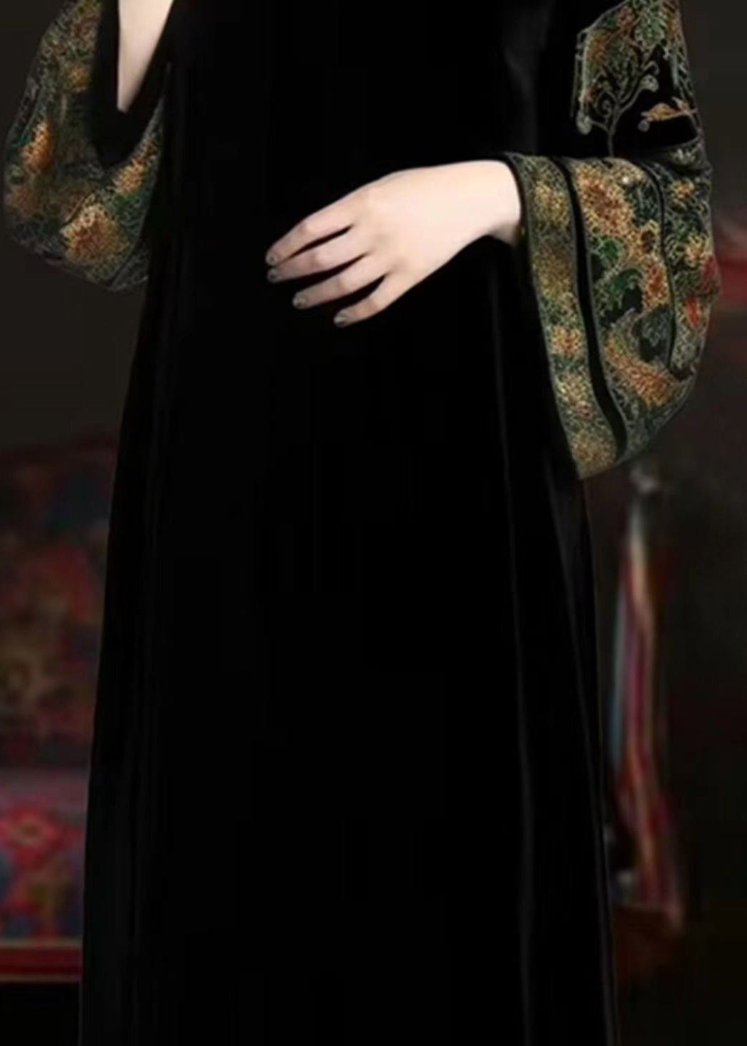 Black Turtleneck Print Patchwork Silk Velour Long Dresses Fall