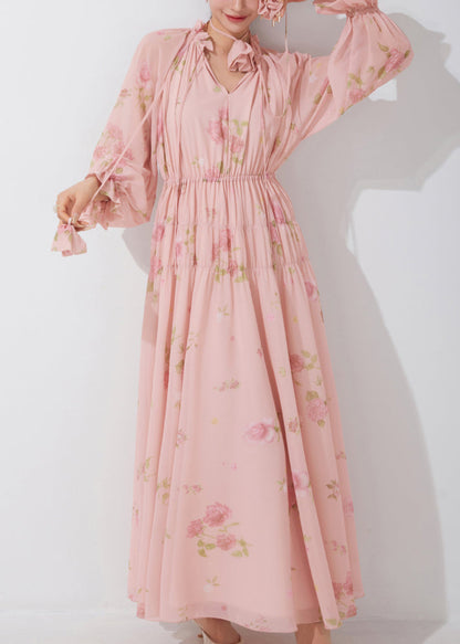 Pink Ruffled Print Lace Up Chiffon Dress Fall