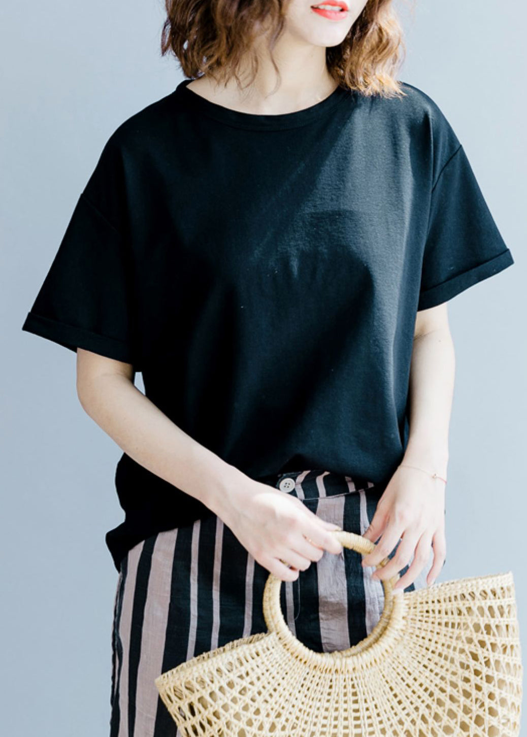 Organic Black O-neck Bow Cotton Tops Short Sleeve