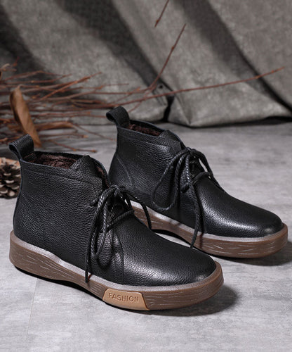 Chocolate Cowhide Leather Warm Fleece Boots Lace Up Shelsea Boots