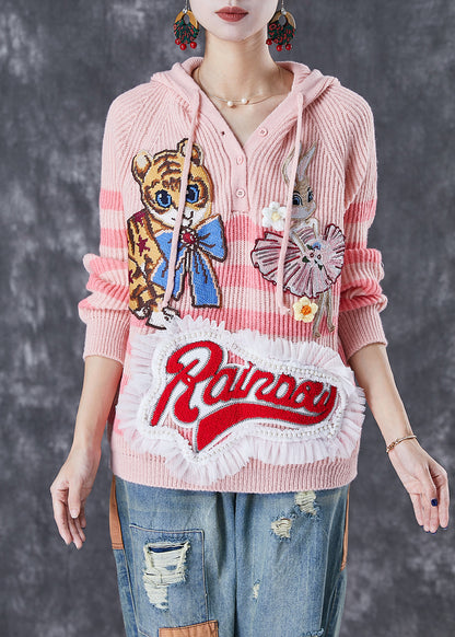 Pink Animal Embroideried Patchwork Knit Pullover Tops Fall