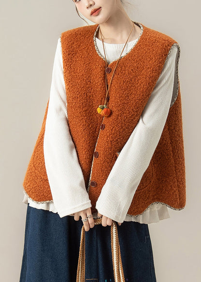 Natural Orange O-neck Asymmetrical Faux Fur Waistcoat and Top Two Pieces Set Winter