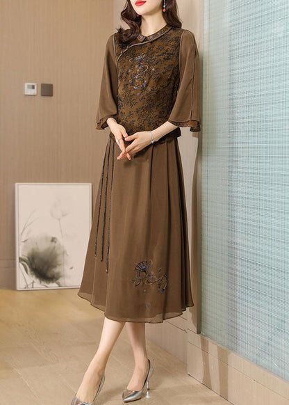 Coffee Peter Pan Collar Embroideried Silk Two Piece Set Summer