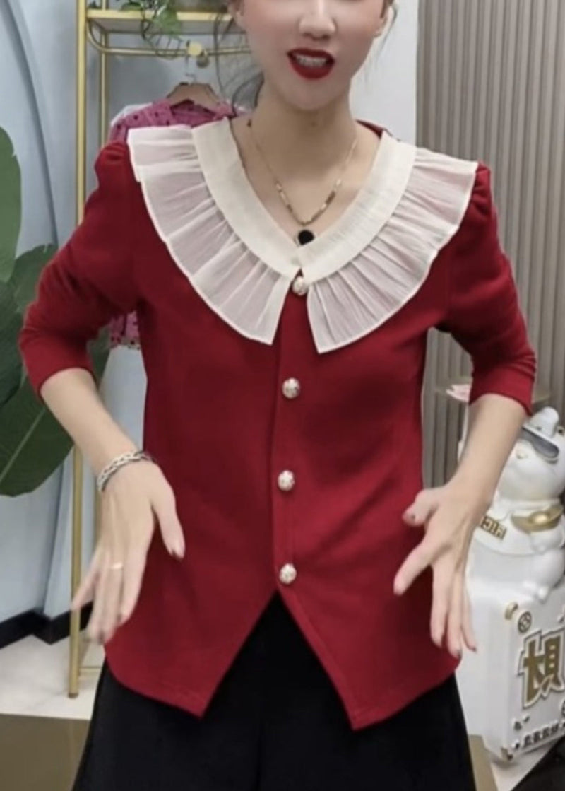 Red Ruffled Button Knit Tops Long Sleeve