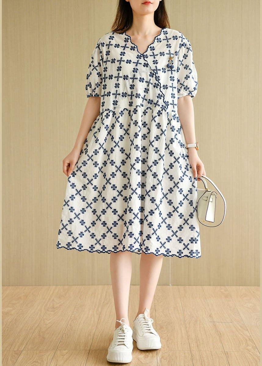 White V Neck Embroideried Summer Cotton Mid Dress Short Sleeve