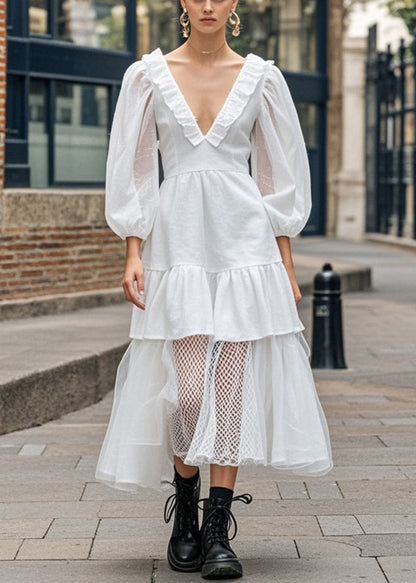 White Ruffled Patchwork Cotton Long Dress Bracelet Sleeve