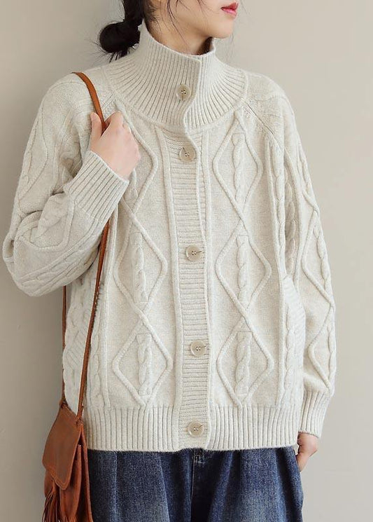 Cozy Beige Sweaters Stand Collar Pockets Spring Knit Sweat Tops